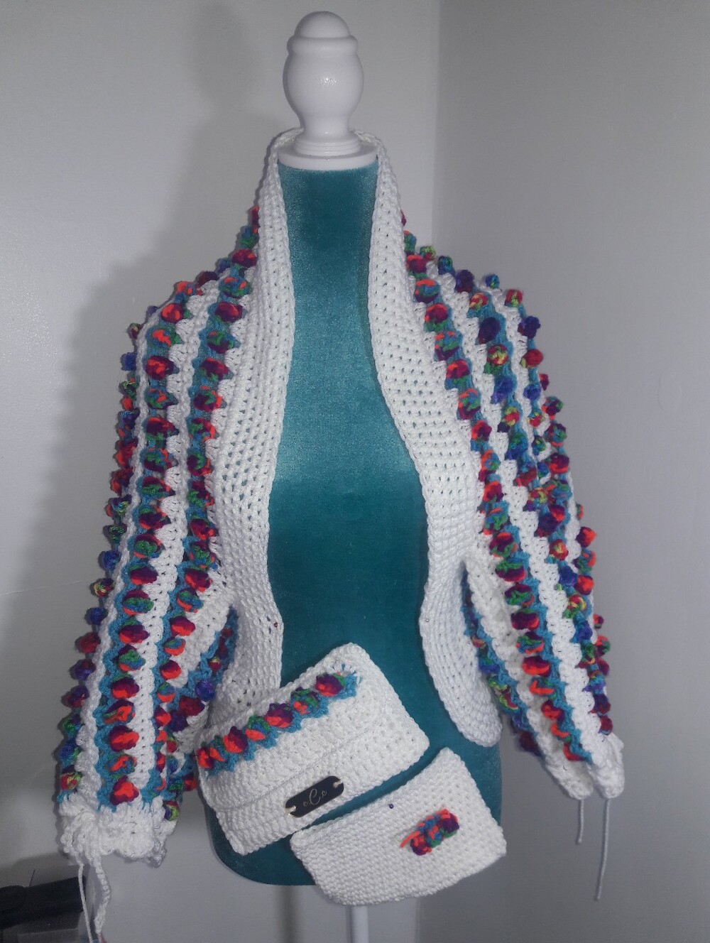 Handmade White Crochet Cardigan with Multicolor Pom Trim